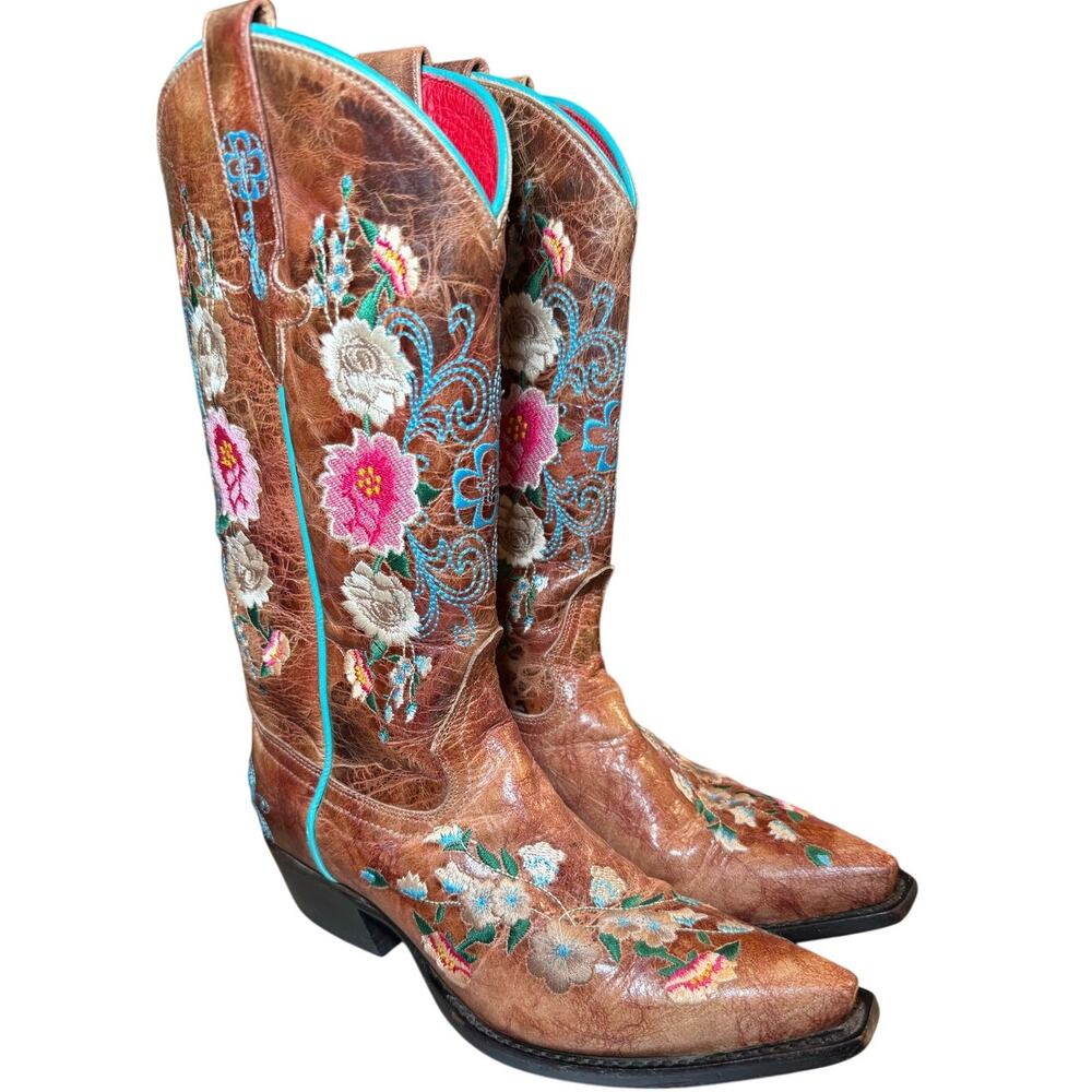 Macie Bean Rose Garden Western Cowgirl Boots, Honey Floral, Snip Toe, Women 6.5